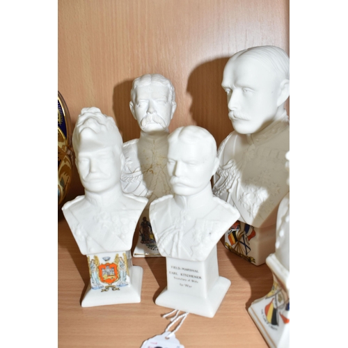 801 - FIVE CRESTED WARE PARIAN BUSTS, comprising Shelley 'Field Marshal Earl Kitchener, Secretary of State... 