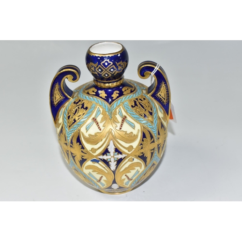 802 - A DERBY TWIN HANDLED VASE, pattern number 1164, of ovoid form with twin scrolling handles and bulbou... 