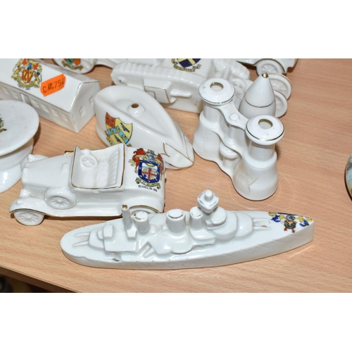 809 - A COLLECTION OF MILITARY THEMED CRESTED WARE, twelve pieces in the forms of two cannons, a battleshi... 