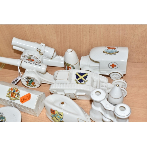 809 - A COLLECTION OF MILITARY THEMED CRESTED WARE, twelve pieces in the forms of two cannons, a battleshi... 