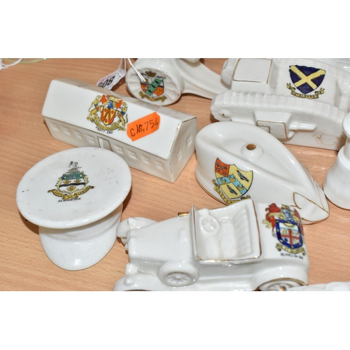 809 - A COLLECTION OF MILITARY THEMED CRESTED WARE, twelve pieces in the forms of two cannons, a battleshi... 