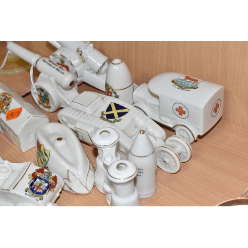 809 - A COLLECTION OF MILITARY THEMED CRESTED WARE, twelve pieces in the forms of two cannons, a battleshi... 