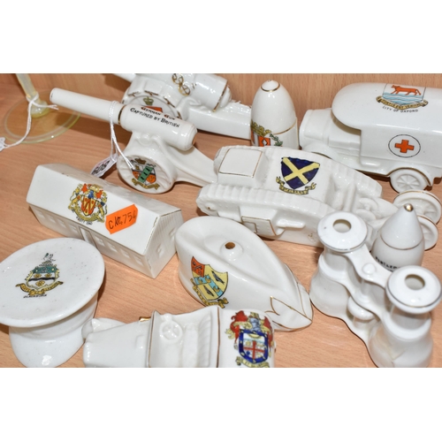 809 - A COLLECTION OF MILITARY THEMED CRESTED WARE, twelve pieces in the forms of two cannons, a battleshi... 