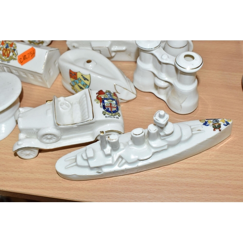 809 - A COLLECTION OF MILITARY THEMED CRESTED WARE, twelve pieces in the forms of two cannons, a battleshi... 