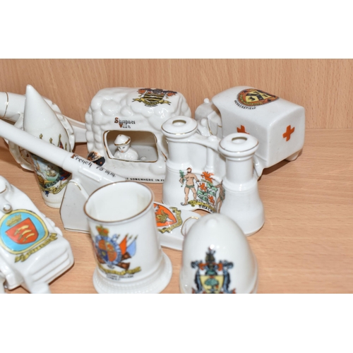 813 - A COLLECTION OF MILITARY THEMED CRESTED WARE, thirteen pieces in the forms of two cannons/guns (one ... 