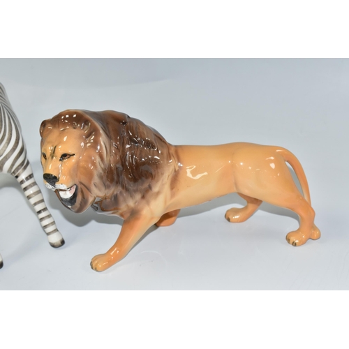 817 - THREE BESWICK WILD ANIMALS, comprising Leopard model no 1082, Zebra no 845B and Lion no 2089 (3) (Co... 