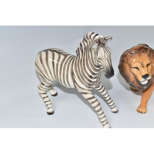 817 - THREE BESWICK WILD ANIMALS, comprising Leopard model no 1082, Zebra no 845B and Lion no 2089 (3) (Co... 