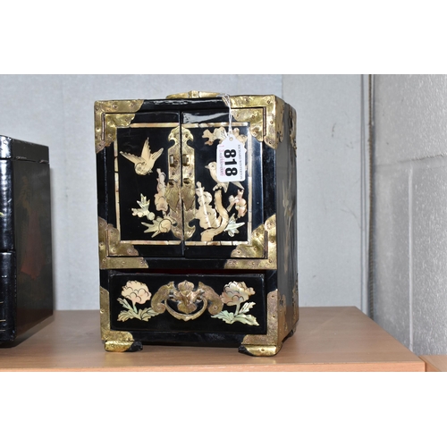 818 - THREE ORIENTAL JEWELLERY BOXES, comprising a Japanese painted black lacquer musical rickshaw example... 