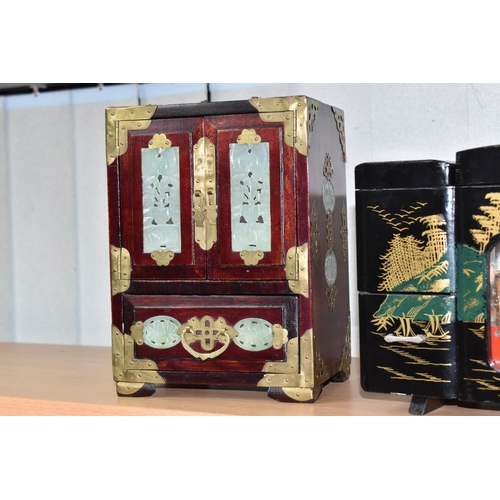 818 - THREE ORIENTAL JEWELLERY BOXES, comprising a Japanese painted black lacquer musical rickshaw example... 