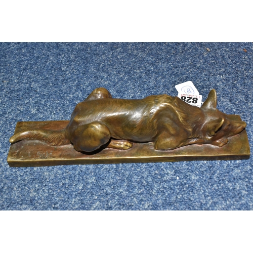 828 - AFTER LOUIS RICHÉ A BRONZED FIGURE OF A RECUMBENT GERMAN SHEPHERD DOG, on a rectangular base, signed... 