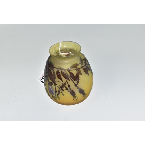 833 - EMILE GALLE FUCHSIA PATTERN VASE, the amber coloured body with acid etched Fuchsias with a flared ri... 