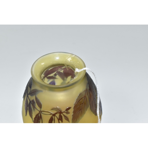 833 - EMILE GALLE FUCHSIA PATTERN VASE, the amber coloured body with acid etched Fuchsias with a flared ri... 