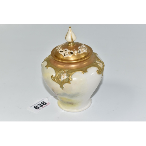 838 - A HARRY STINTON FOR ROYAL WORCESTER 'HIGHLAND COW' POT POURRI VASE AND COVER with a hand painted sce... 