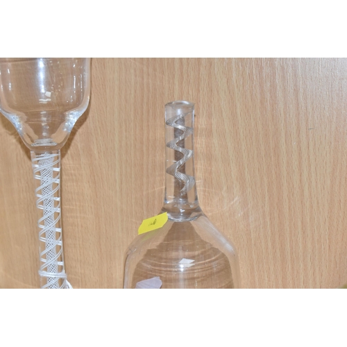 840 - A PAIR OF 'OPAQUE AIR TWIST' WINE GLASSES AND A BROKEN GLASS, with ogee bowls and a spiral twist wit... 