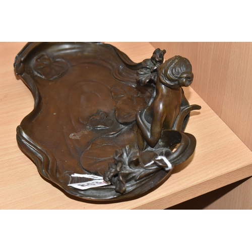 843 - A BRONZE ART NOUVEAU 'NYMPH IN A POOL' TRAY with lily leaves, bears the name 'Milo' to the underside... 