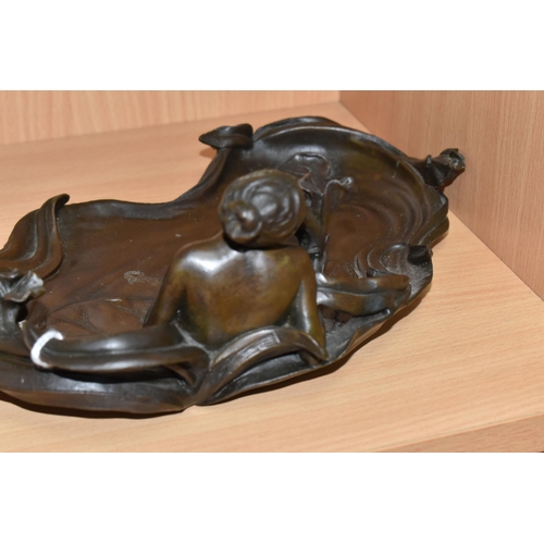 843 - A BRONZE ART NOUVEAU 'NYMPH IN A POOL' TRAY with lily leaves, bears the name 'Milo' to the underside... 