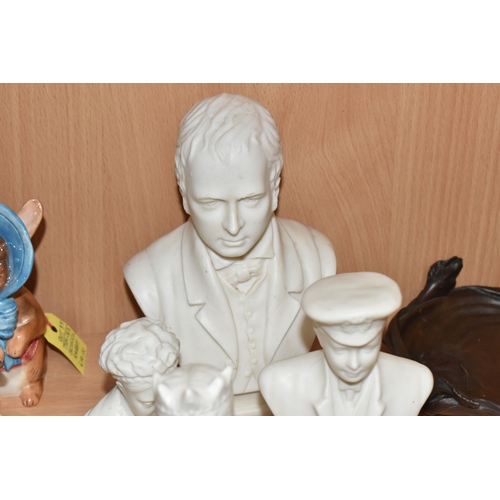 844 - FOUR PARIAN BUSTS OF BRITISH HISTORICAL FIGURES to include a 'Walter Scott' bust with a stamped Goss... 