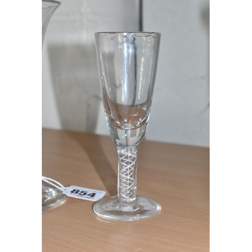 854 - TWO AIR TWIST STEMMED ENGLISH GEORGIAN GLASSES comprising a smaller helix stemmed glass height 13cm ... 