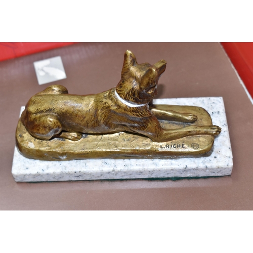 855 - A GILT BRONZE ALSATIAN GERMAN SHEPHERD SCULPTURE mounted on a polished granite base, marked with the... 