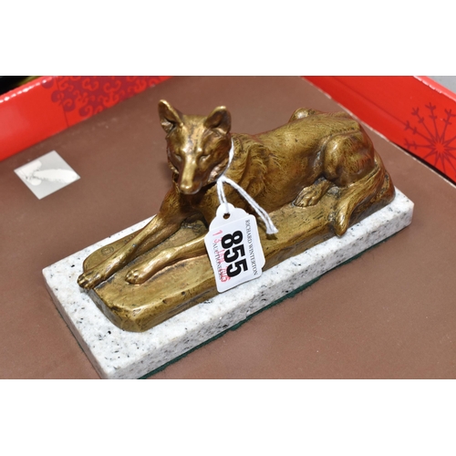 855 - A GILT BRONZE ALSATIAN GERMAN SHEPHERD SCULPTURE mounted on a polished granite base, marked with the... 