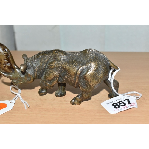 857 - THREE BRONZE SCULPTURES comprising a bulldog height 5cm x length 9cm (some scratches to the chest), ... 