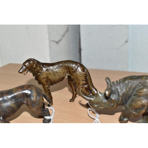 857 - THREE BRONZE SCULPTURES comprising a bulldog height 5cm x length 9cm (some scratches to the chest), ... 