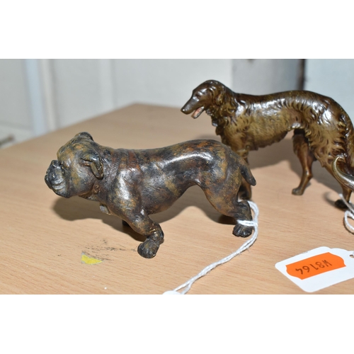 857 - THREE BRONZE SCULPTURES comprising a bulldog height 5cm x length 9cm (some scratches to the chest), ... 