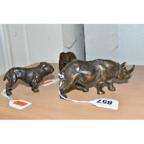 857 - THREE BRONZE SCULPTURES comprising a bulldog height 5cm x length 9cm (some scratches to the chest), ... 