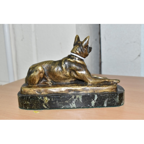 859 - A GILT BRONZE ALSATIAN GERMAN SHEPHERD SCULPTURE mounted on a marble base, marked with the name 'L. ... 