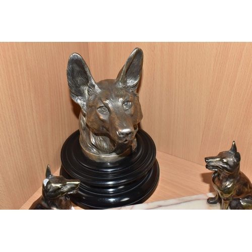 865 - THREE METAL ALSATIAN GERMAN SHEPHERD DECORATIVE ITEMS comprising a mounted bust of an Alsatian after... 