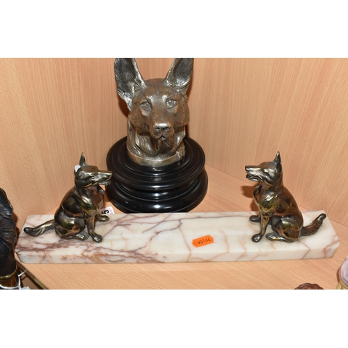 865 - THREE METAL ALSATIAN GERMAN SHEPHERD DECORATIVE ITEMS comprising a mounted bust of an Alsatian after... 