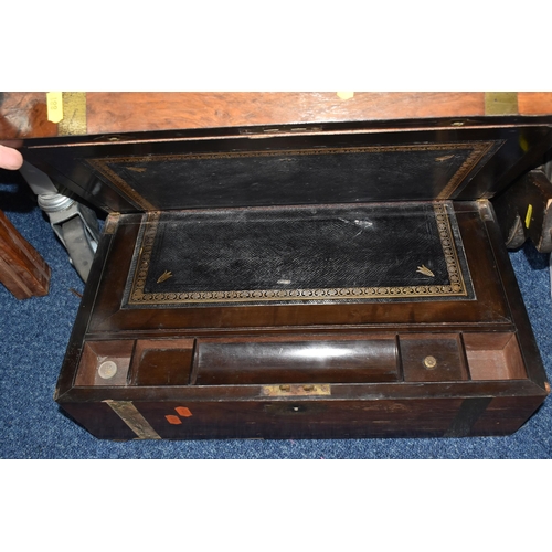 881 - THREE BOXES AND LOOSE WOOD AND TREEN ETC, to include a distressed mahogany and inlaid sewing box wit... 