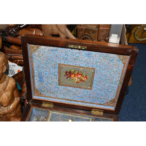 881 - THREE BOXES AND LOOSE WOOD AND TREEN ETC, to include a distressed mahogany and inlaid sewing box wit... 