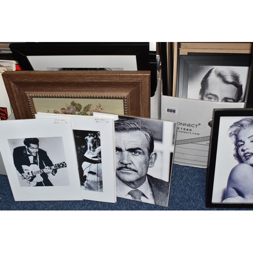 888 - THREE BOXES AND LOOSE FRAMED FILM, MUSIC, AND POP CULTURE PICTURES to include images of Marilyn Monr... 