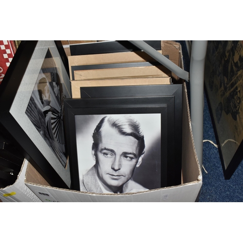 888 - THREE BOXES AND LOOSE FRAMED FILM, MUSIC, AND POP CULTURE PICTURES to include images of Marilyn Monr... 