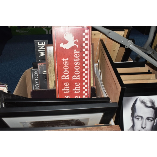 888 - THREE BOXES AND LOOSE FRAMED FILM, MUSIC, AND POP CULTURE PICTURES to include images of Marilyn Monr... 