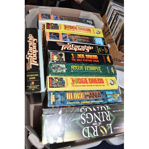 891 - TWO BOXES OF VINTAGE GAMES to include a quantity of Games Workshop published games comprising four J... 