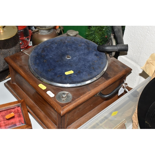 913 - A VINTAGE GRAMOPHONE WITH HORN, VINYL AND ACCESSORIES, stepped square oak base table top gramophone,... 