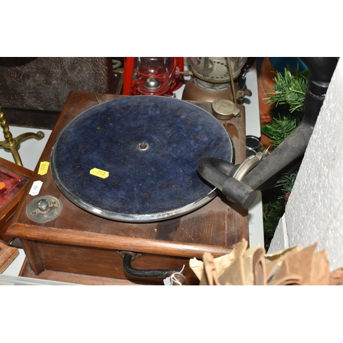 913 - A VINTAGE GRAMOPHONE WITH HORN, VINYL AND ACCESSORIES, stepped square oak base table top gramophone,... 