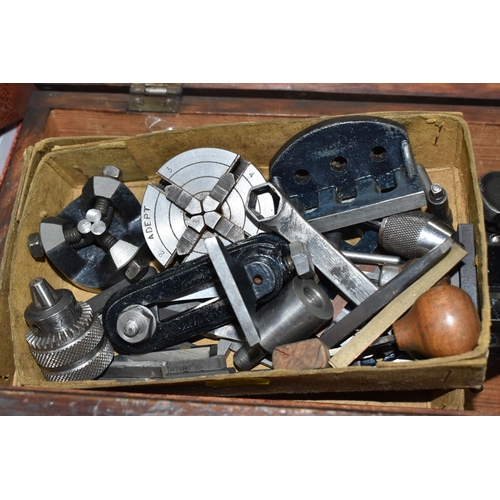 916 - A GROUP OF ENGINEERING ITEMS, to include, The Super Adept Lathe with accessories, in a vintage woode... 