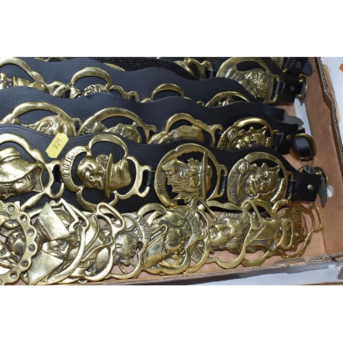 921 - ONE BOX OF VINTAGE BRASS HORSE MEDALLIONS ON LEATHER STRAPS, to include ten leather straps all with ... 