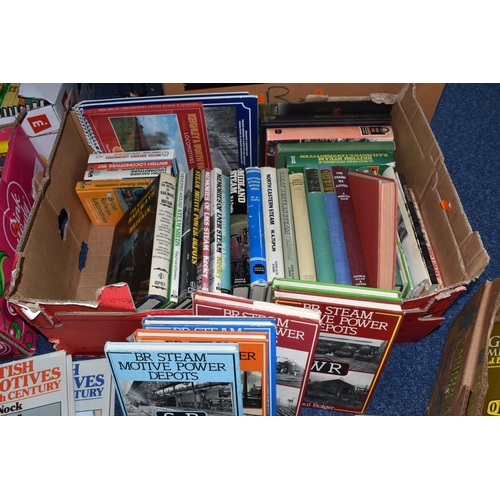 922 - FIVE BOXES OF BOOKS AND MAGAZINES ON TRAINS, to include over one hundred and twenty hardback and pap... 