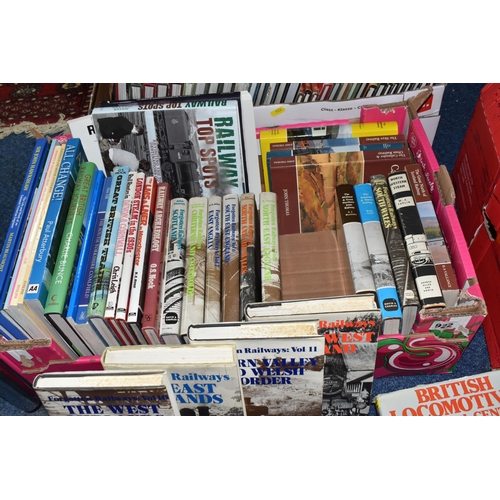 922 - FIVE BOXES OF BOOKS AND MAGAZINES ON TRAINS, to include over one hundred and twenty hardback and pap... 