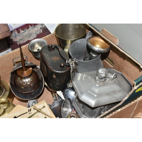 923 - TWO BOXES AND LOOSE BRASS AND METALWARE, to include a set of Victorian Royal Mail brass postal scale... 