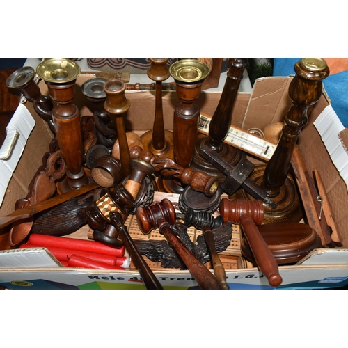 929 - ONE BOX AND LOOSE TREEN, ETC to include ten candlesticks of assorted form and size, a group of gavel... 