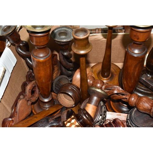 929 - ONE BOX AND LOOSE TREEN, ETC to include ten candlesticks of assorted form and size, a group of gavel... 