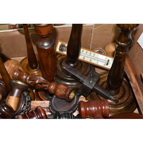 929 - ONE BOX AND LOOSE TREEN, ETC to include ten candlesticks of assorted form and size, a group of gavel... 