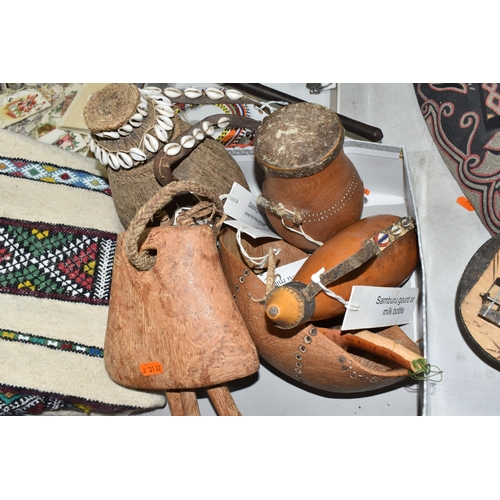 931 - A GROUP OF NORTH-KENYAN TRIBAL ITEMS to include a wooden camel bell (possibly from the Rendille trib... 