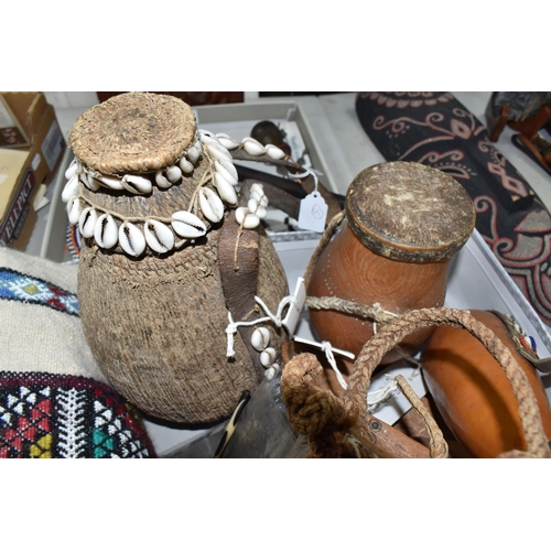 931 - A GROUP OF NORTH-KENYAN TRIBAL ITEMS to include a wooden camel bell (possibly from the Rendille trib... 