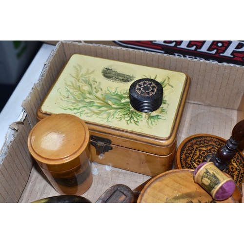 933 - A BOX OF MOSTLY MAUCHLINE WARE to include a Mauchline pin cushion and thread dispenser, a box contai... 